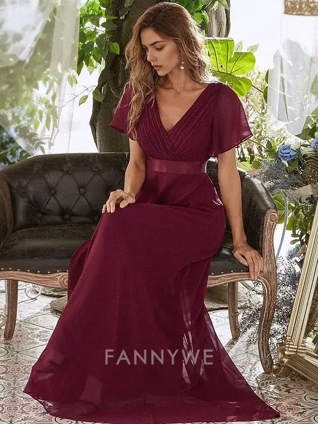 FannyWe Simple A-Line Prom Dresses Elegant Dress Wedding Guest Graduation Floor Length Short Sleeve V Neck Bridesmaid Dress Chiffon V Back with Ruched Ruffles